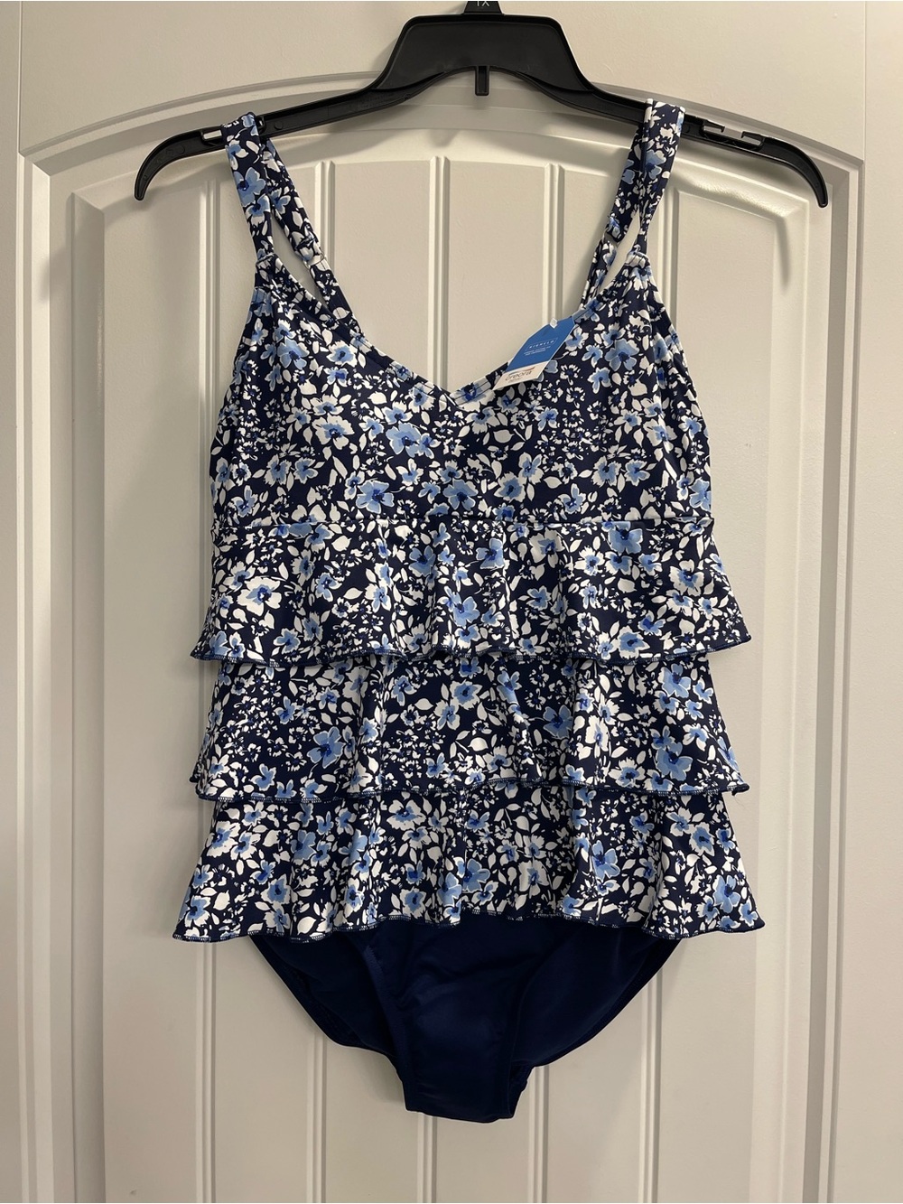 NWT Lands' End One Piece Blue Floral Swim Swimsuit Fauxkini Ruffle Tier Size 8